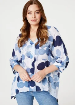 Tops>Izabel London Blue Polka Dot 3/4 Sleeve Blouse Top