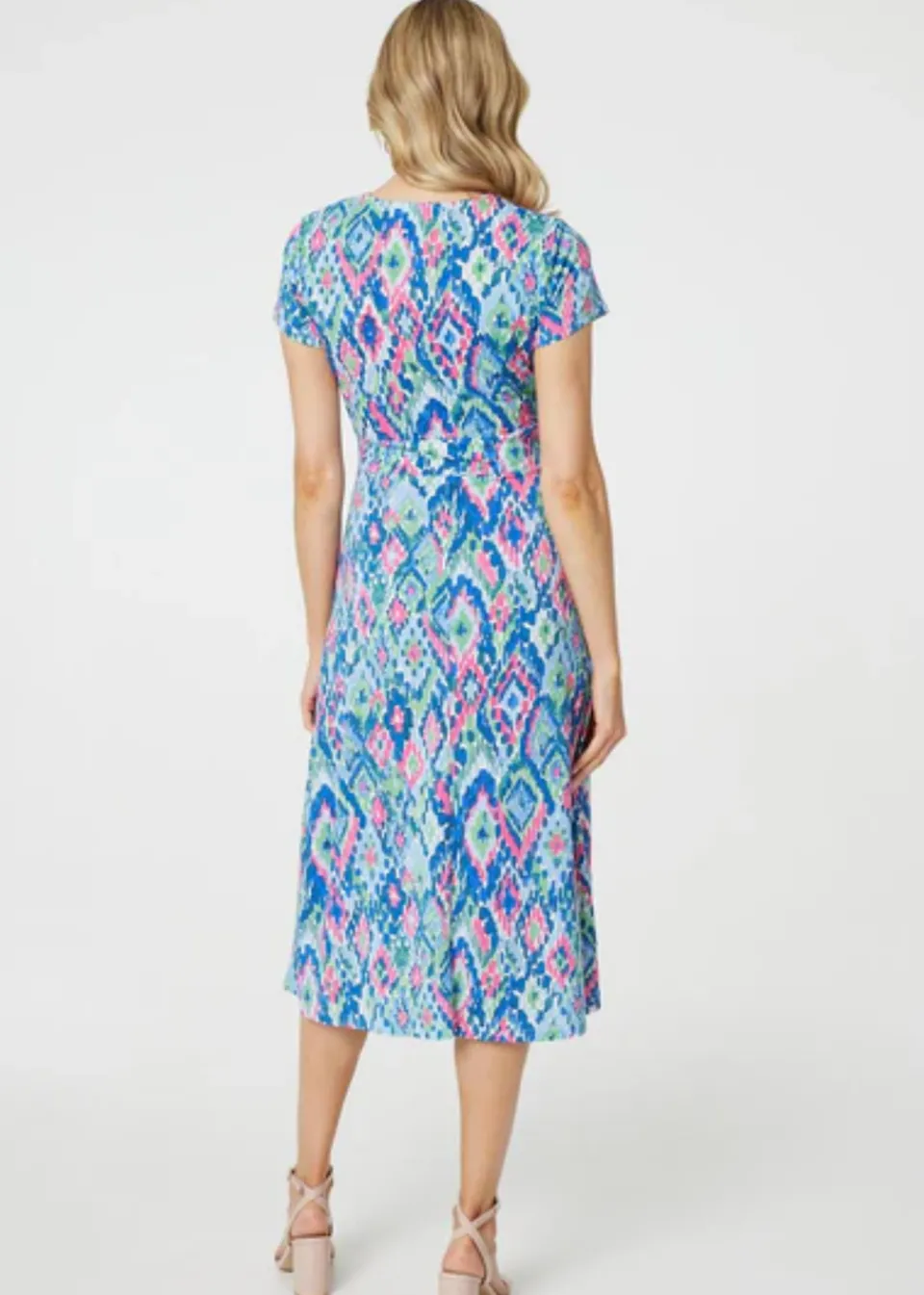 Dresses>Izabel London Blue Printed Ruched Faux-Wrap Midi Dress