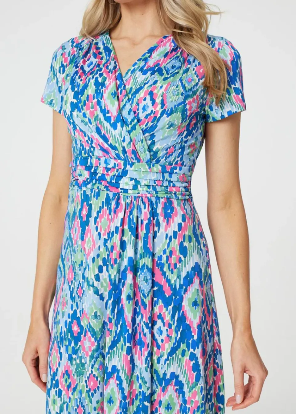Dresses>Izabel London Blue Printed Ruched Faux-Wrap Midi Dress