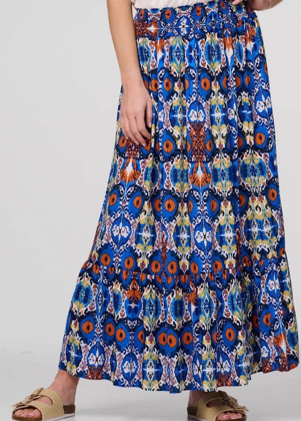 Skirts>Izabel London Blue Printed Shirred High Waist Maxi Skirt