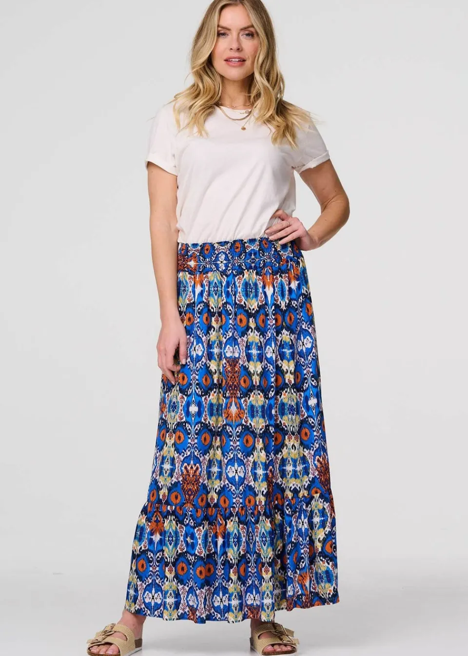 Skirts>Izabel London Blue Printed Shirred High Waist Maxi Skirt