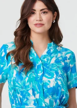 Dresses>Izabel London Blue Printed Short Sleeve Tie Waist Midi Dress