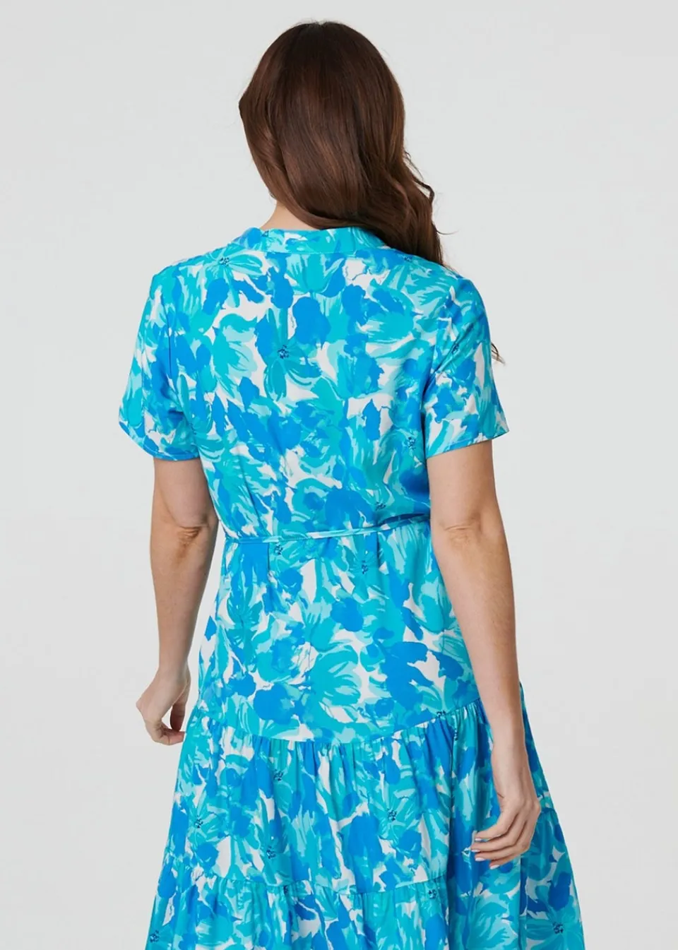 Dresses>Izabel London Blue Printed Short Sleeve Tie Waist Midi Dress