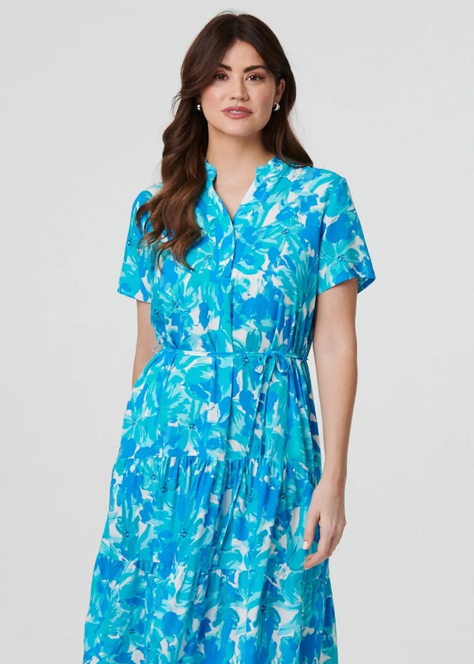 Dresses>Izabel London Blue Printed Short Sleeve Tie Waist Midi Dress