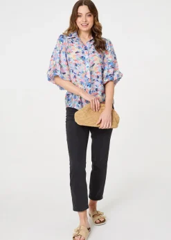 Tops>Izabel London Blue Printed Puff Sleeve Collared Shirt
