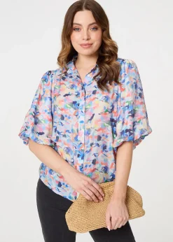 Tops>Izabel London Blue Printed Puff Sleeve Collared Shirt