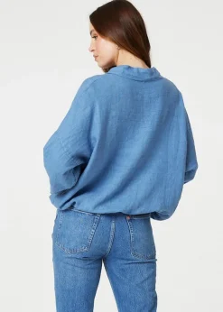 Tops>Izabel London Blue Sequin Detail 3/4 Turn-Up Sleeve Shirt