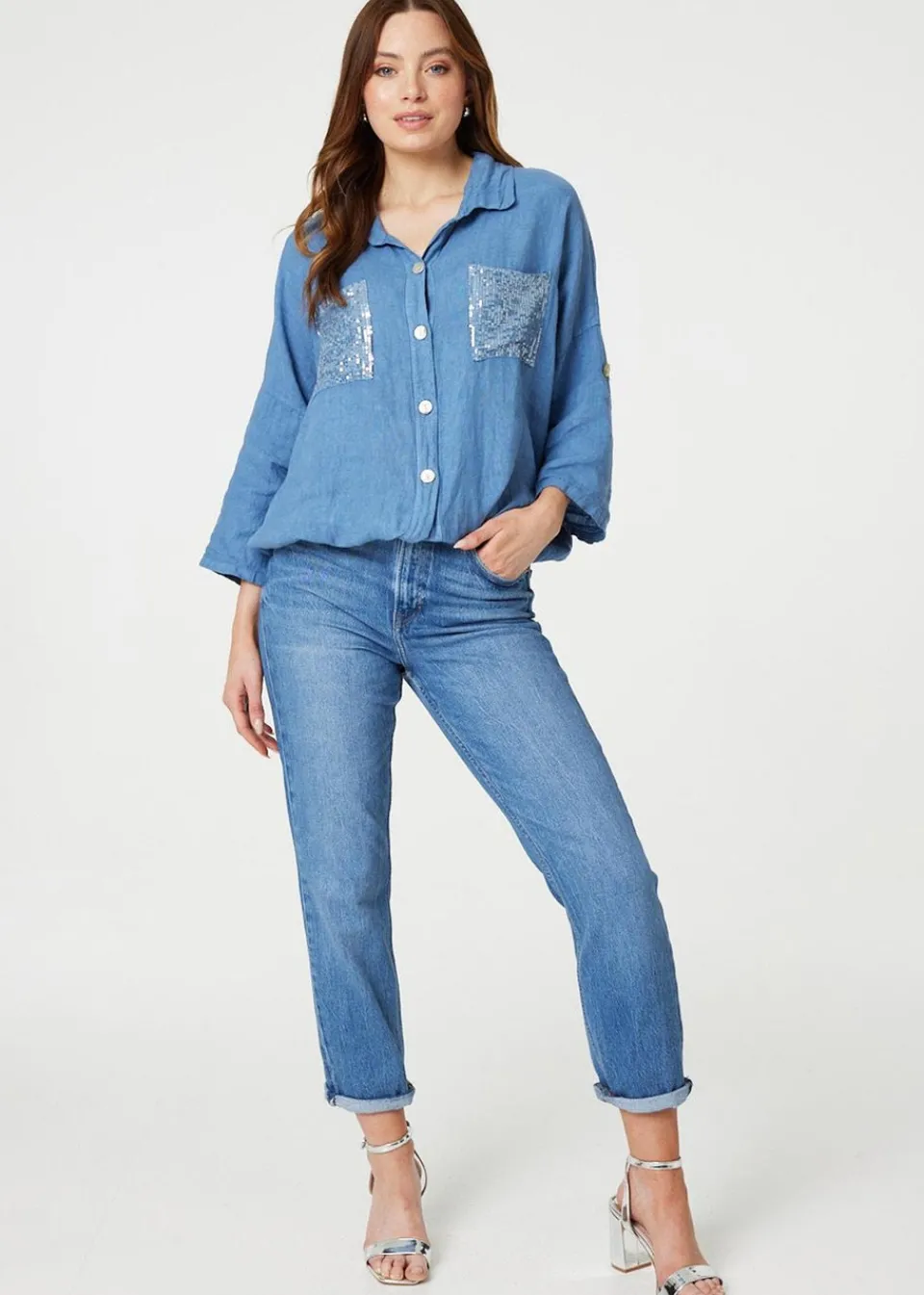 Tops>Izabel London Blue Sequin Detail 3/4 Turn-Up Sleeve Shirt