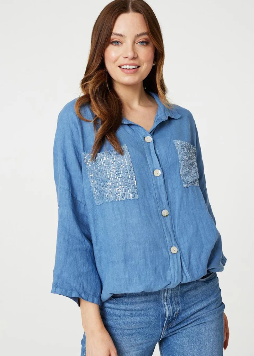 Tops>Izabel London Blue Sequin Detail 3/4 Turn-Up Sleeve Shirt