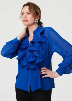 Tops>Izabel London Blue Sheer Ruffled V-Neck Long Sleeve Blouse