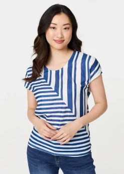 T-Shirts>Izabel London Blue Striped Short Sleeve Relaxed T-Shirt