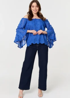 Tops>Izabel London Blue Textured Semi Sheer Bardot Blouse