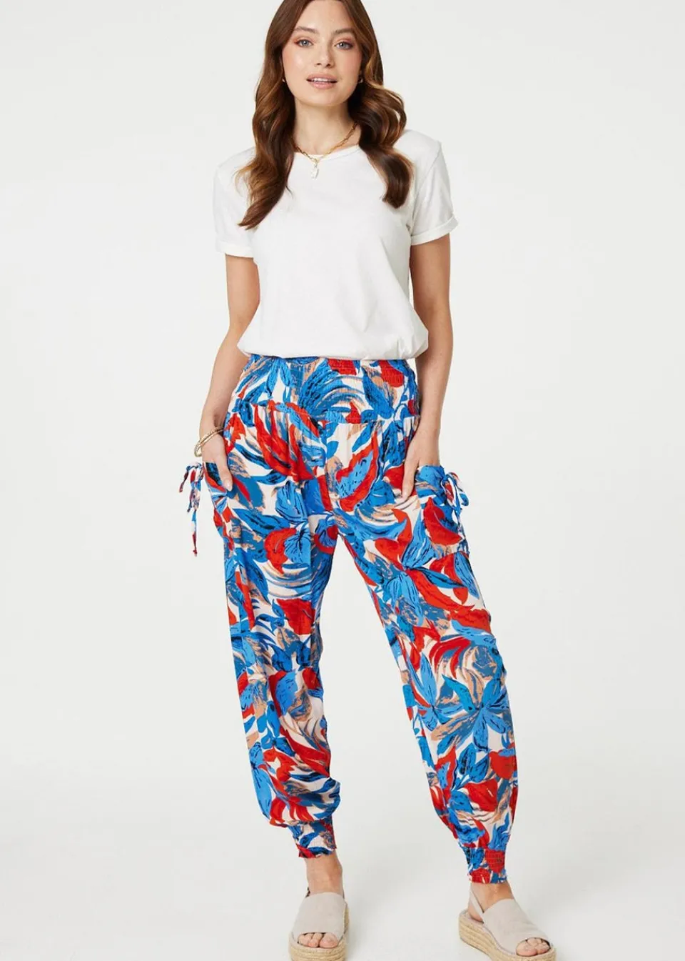 Trousers>Izabel London Blue Tropical Leaf Print Harem Pants