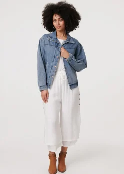 Coats & Jackets>Izabel London Blue Zig Zag Stitch Long Sleeve Denim Jacket
