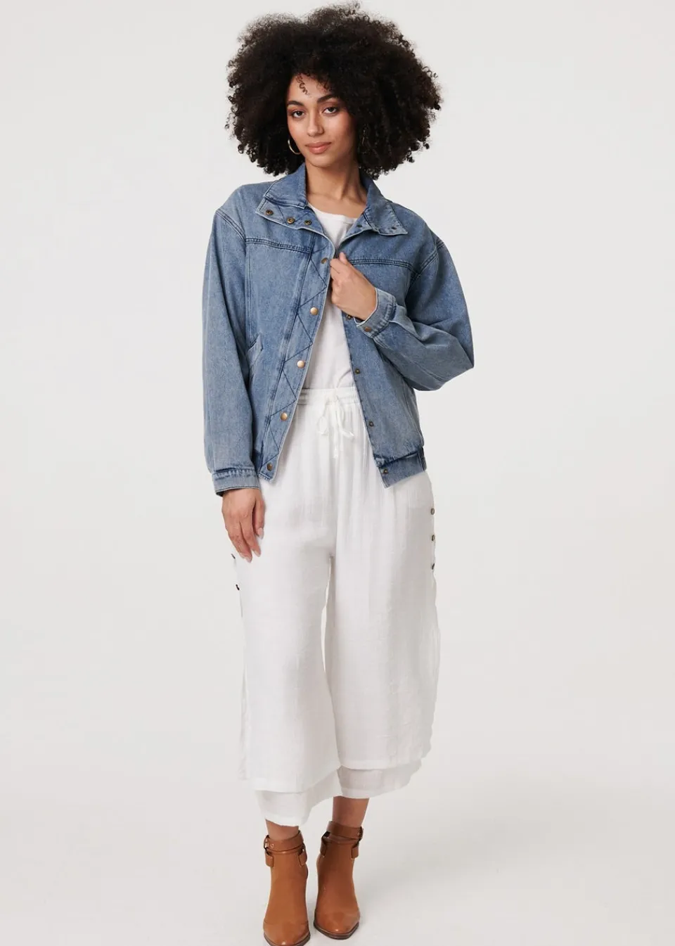 Coats & Jackets>Izabel London Blue Zig Zag Stitch Long Sleeve Denim Jacket