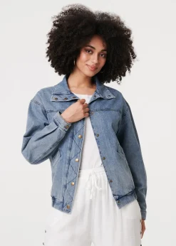 Coats & Jackets>Izabel London Blue Zig Zag Stitch Long Sleeve Denim Jacket