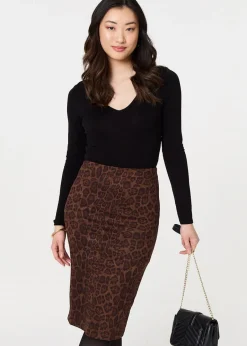 Skirts>Izabel London Brown Animal Print Knee Length Pencil Skirt