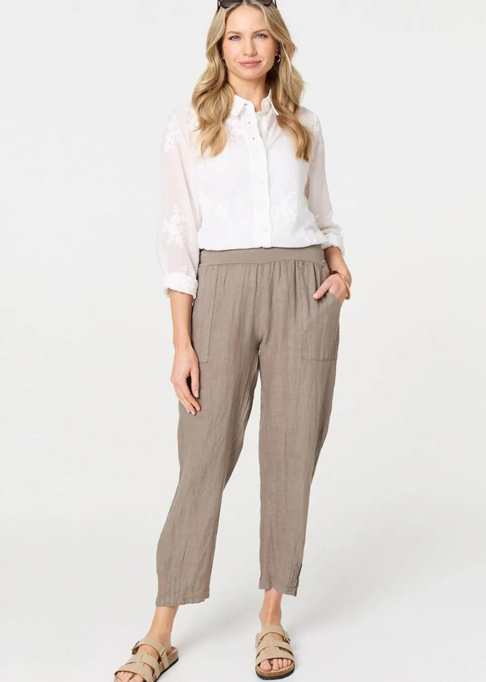 Trousers>Izabel London Relaxed Linen Blend Tapered Trousers Brown