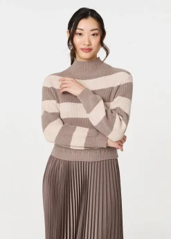 Knitwear>Izabel London Brown Striped High Neck Pleat Knit Maxi Dress