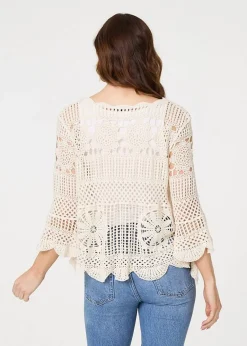 Tops>Izabel London Cream Crochet Lace 3/4 Sleeve Top