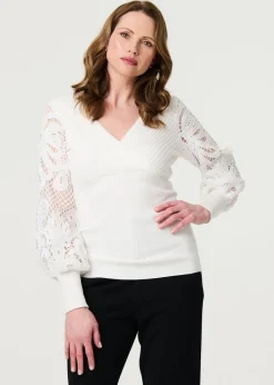 Tops>Izabel London Cream Floral Lace Puff Sleeve Fitted Knit Top
