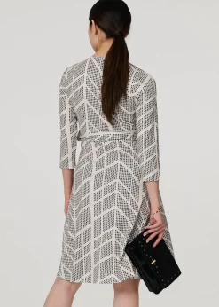 Dresses>Izabel London Cream Printed Knee Length Wrap Dress