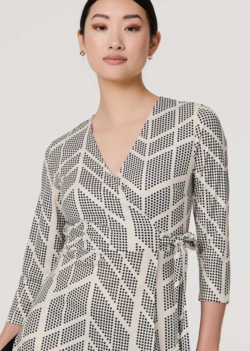 Dresses>Izabel London Cream Printed Knee Length Wrap Dress