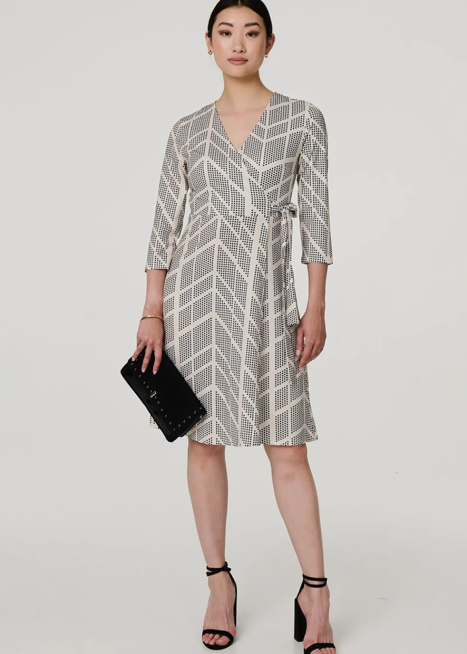 Dresses>Izabel London Cream Printed Knee Length Wrap Dress