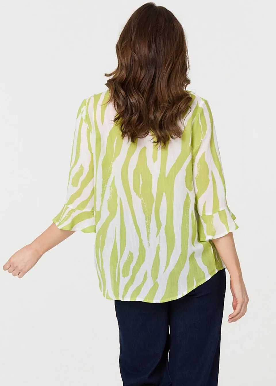 Tops>Izabel London Green Animal Print 3/4 Flared Sleeve Blouse