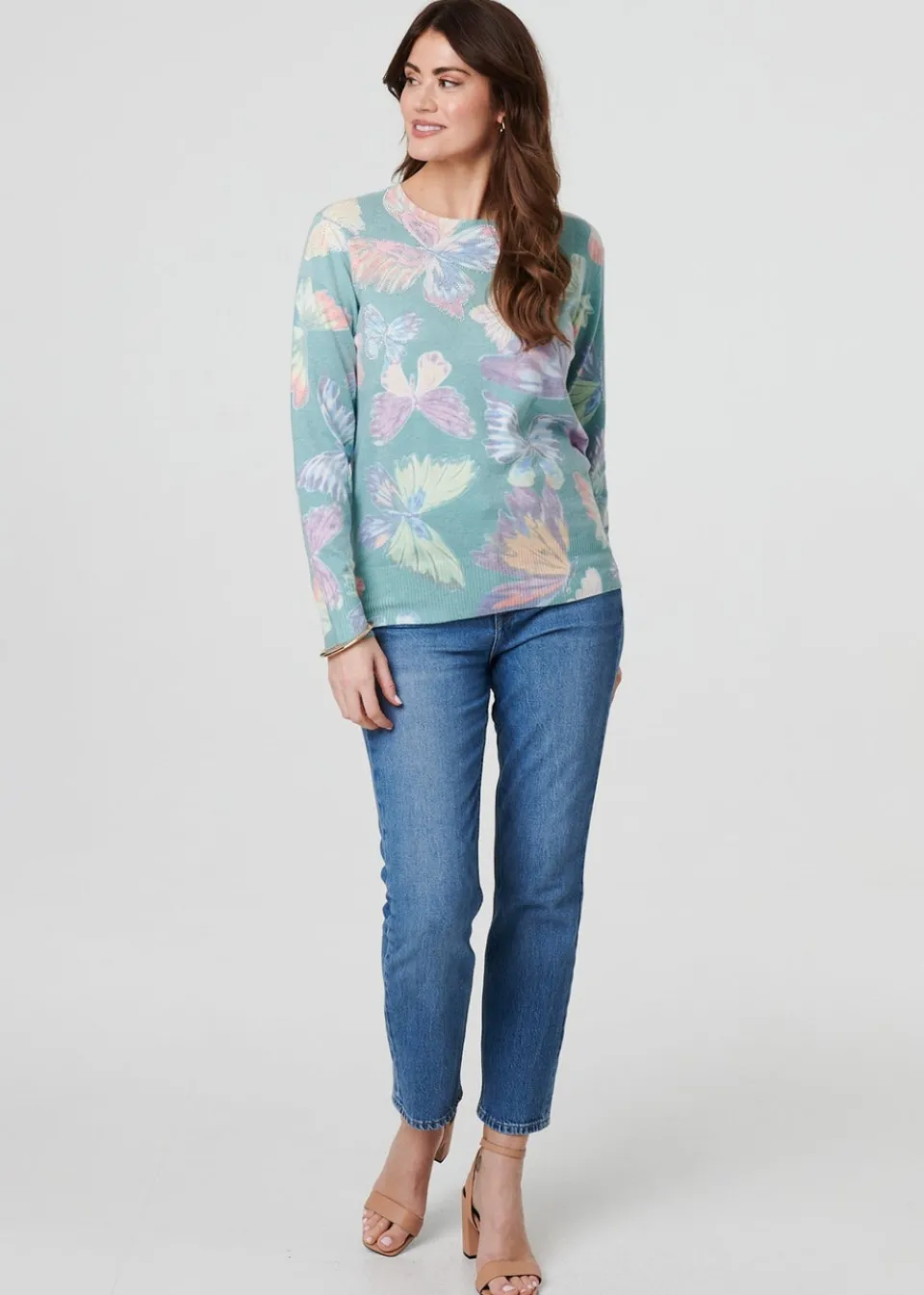 Tops>Izabel London Green Butterfly Print Diamante Detail Knit Top