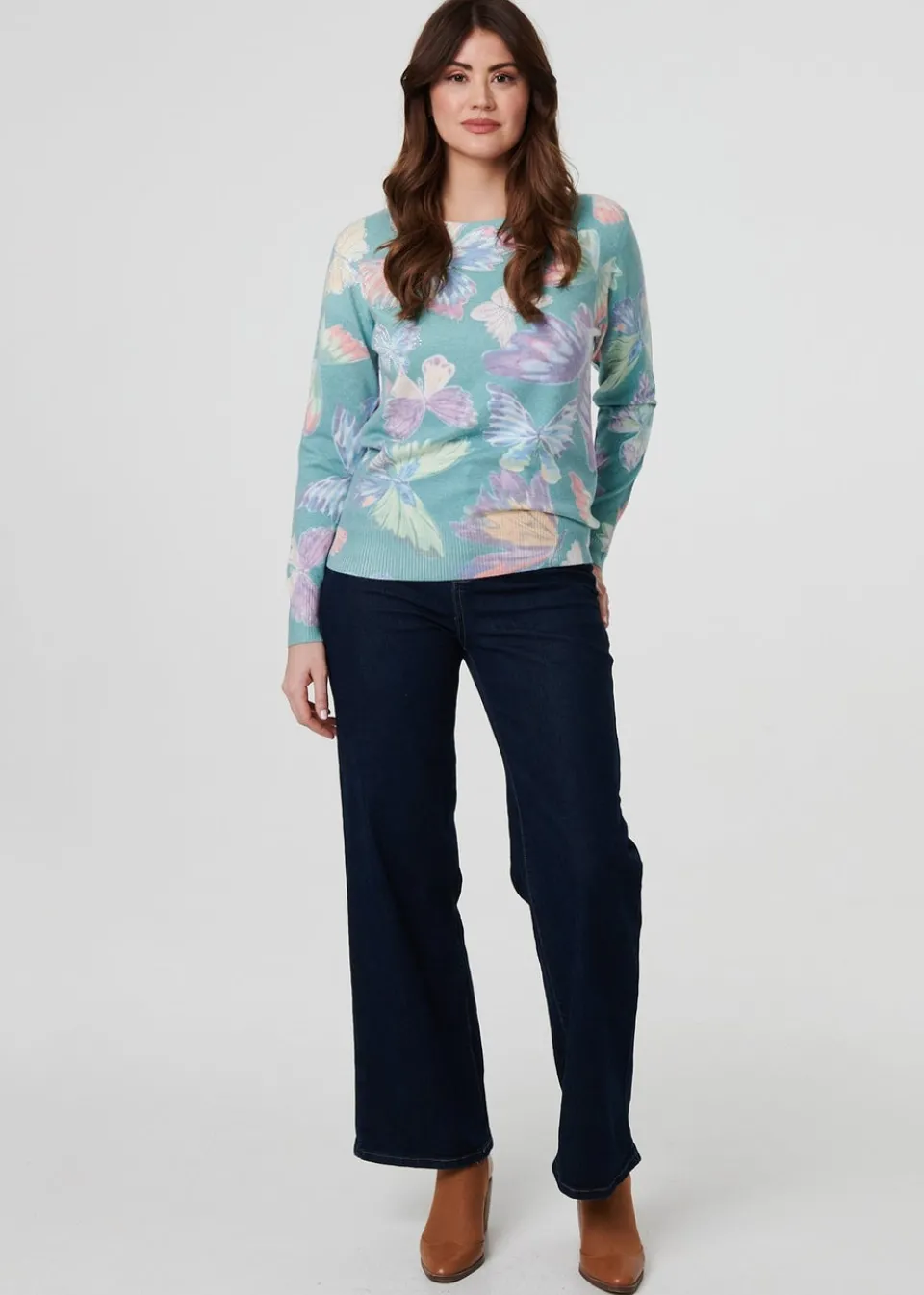 Tops>Izabel London Green Butterfly Print Diamante Detail Knit Top