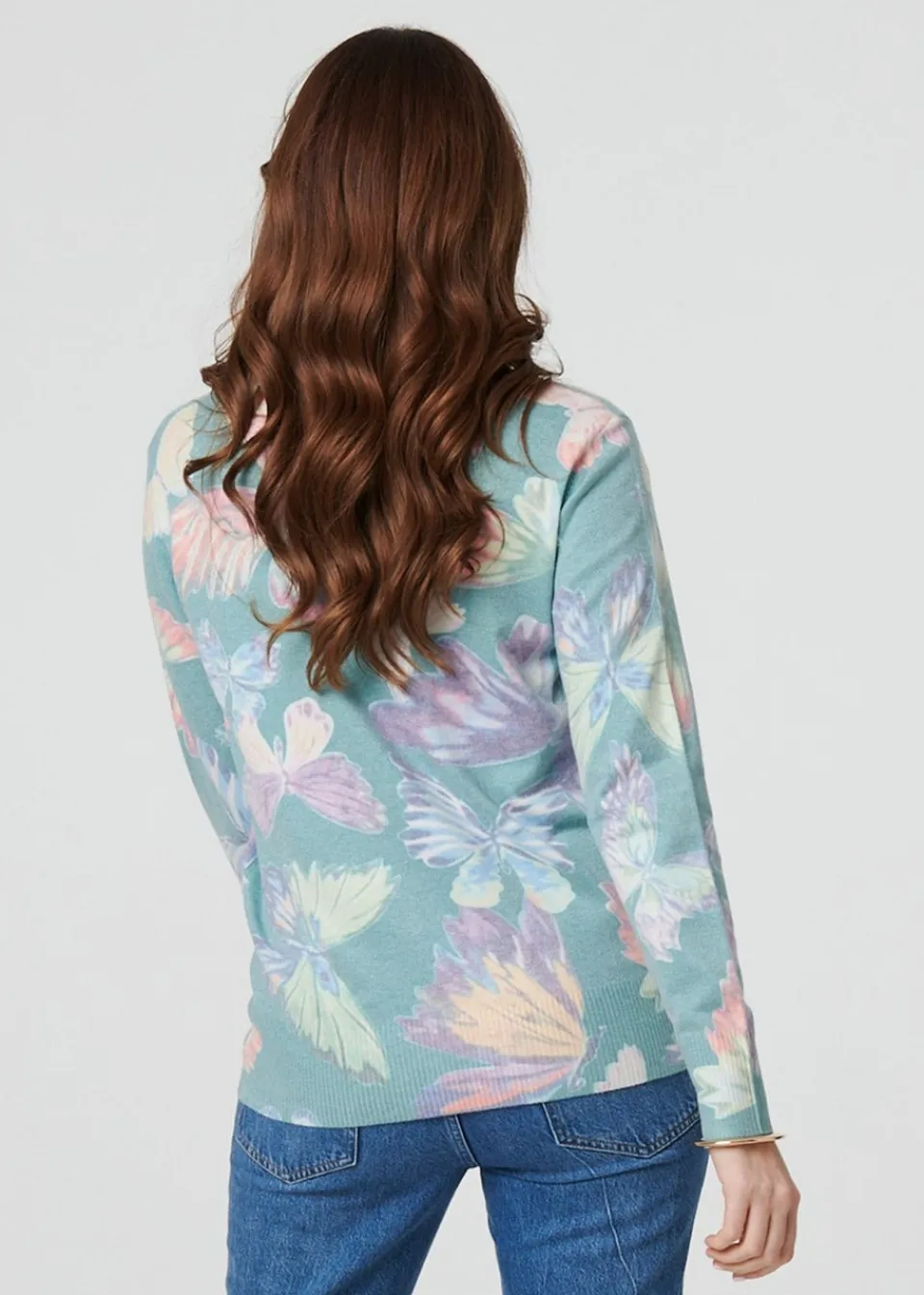 Tops>Izabel London Green Butterfly Print Diamante Detail Knit Top