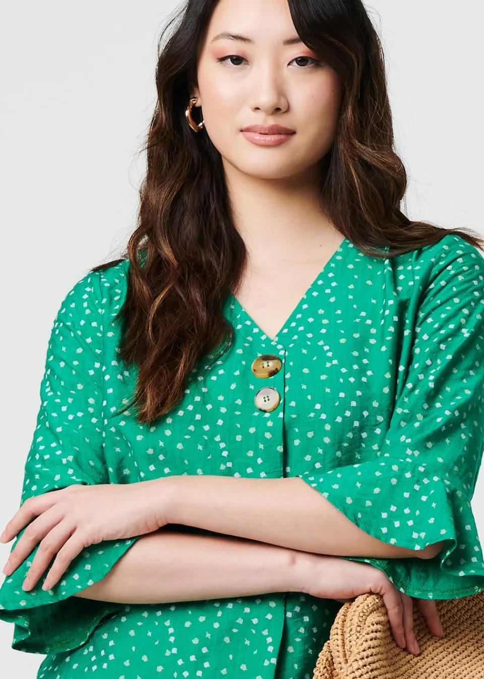 Tops>Izabel London Green Ditsy Floral Flare Sleeve Blouse