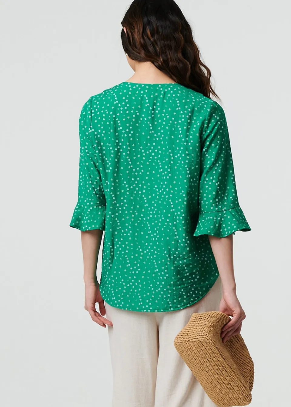 Tops>Izabel London Green Ditsy Floral Flare Sleeve Blouse