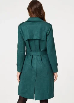 Coats & Jackets>Izabel London Green Faux Suede Button Front Trench Coat