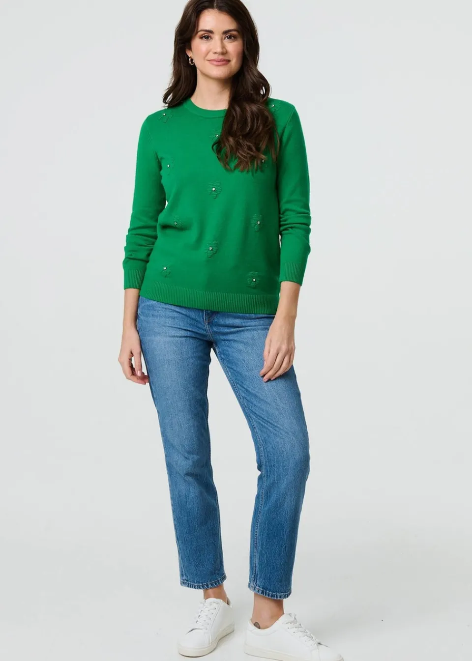 Tops>Izabel London Green Floral Gemstone Embellished Jumper