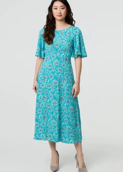 Dresses>Izabel London Green Floral Flare Sleeve Midi Dress