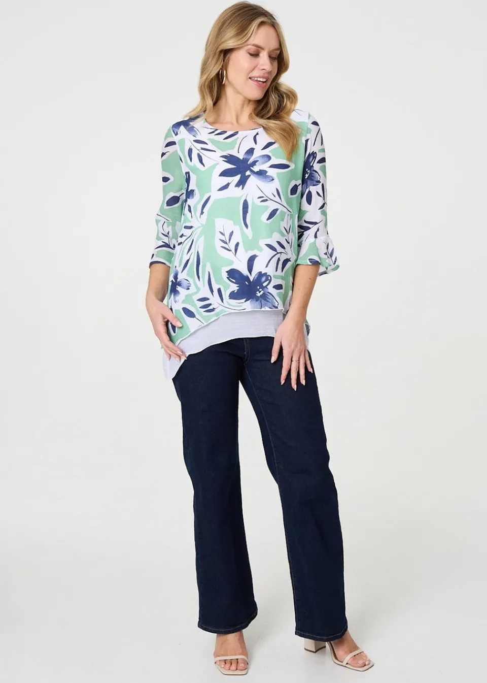 Tops>Izabel London Green Floral Print Layered Relaxed Tunic Top