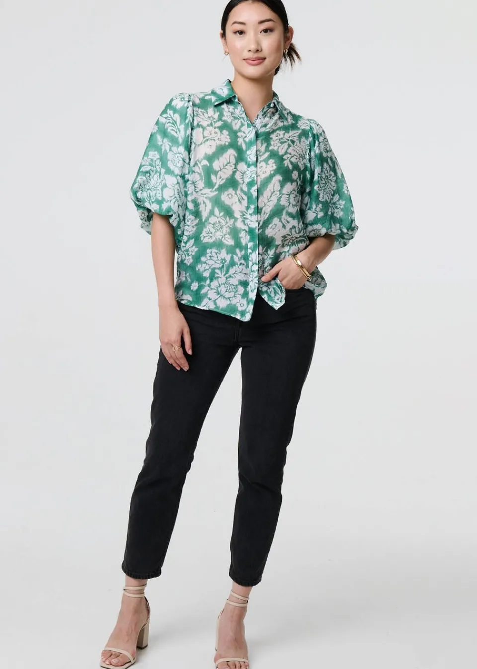 Tops>Izabel London Green Floral Print Shirt