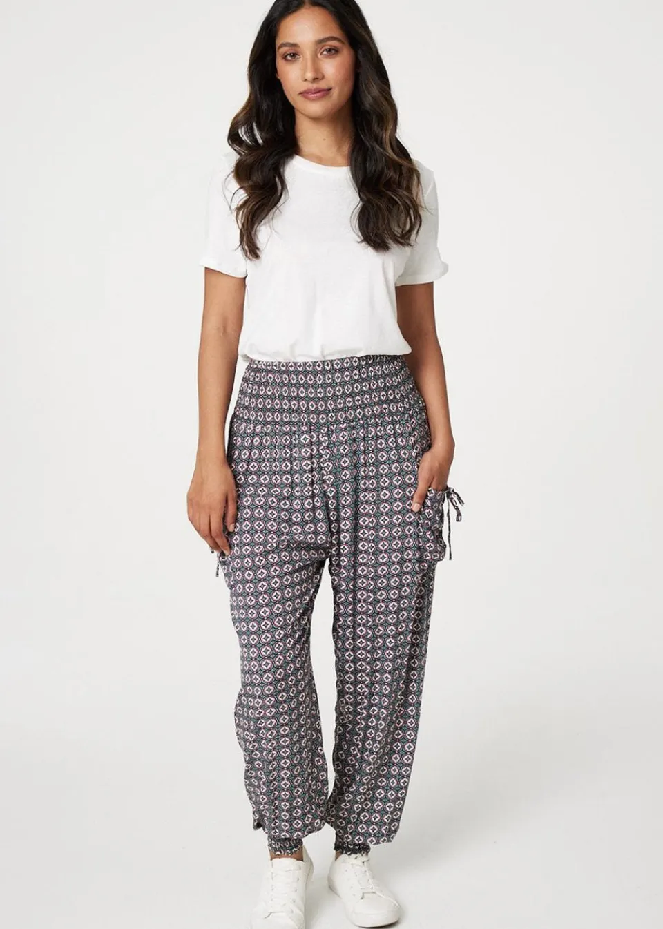 Trousers>Izabel London Green Geo Print Pull On Harem Pants