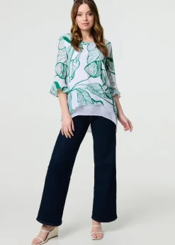 Tops>Izabel London Green Leaf Print 3/4 Sleeve Layered Tunic Top