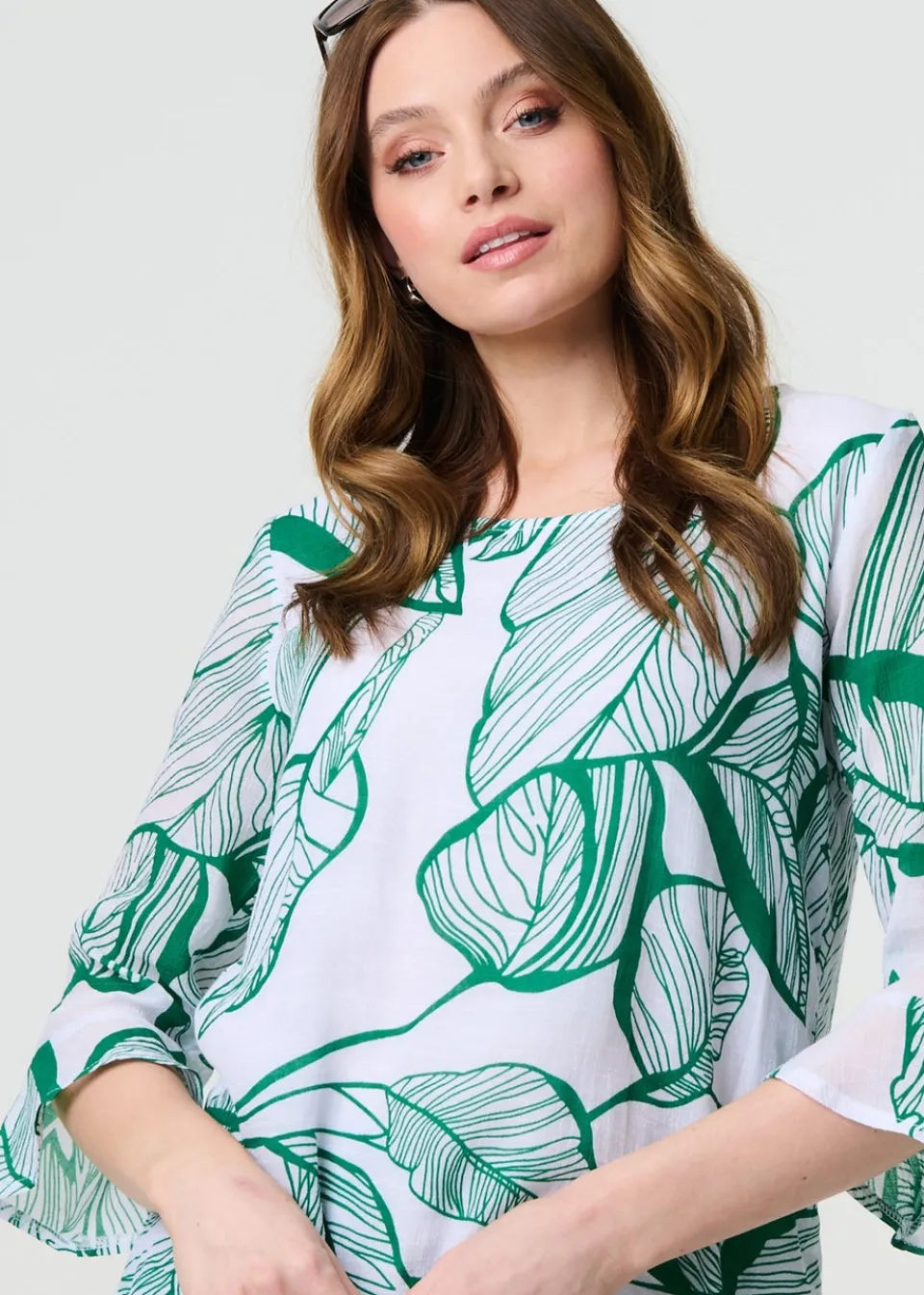 Tops>Izabel London Green Leaf Print 3/4 Sleeve Layered Tunic Top