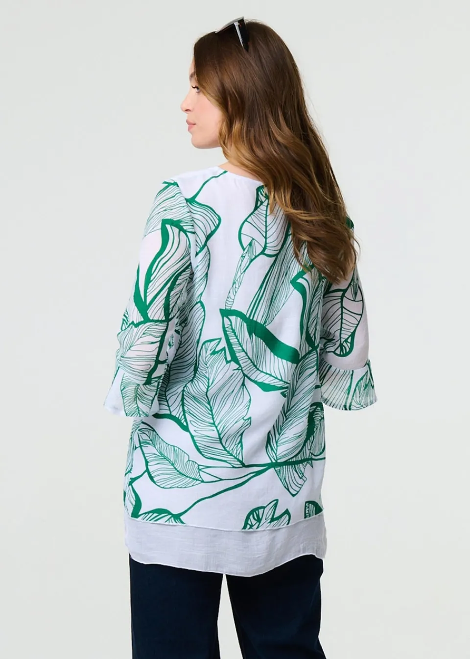 Tops>Izabel London Green Leaf Print 3/4 Sleeve Layered Tunic Top