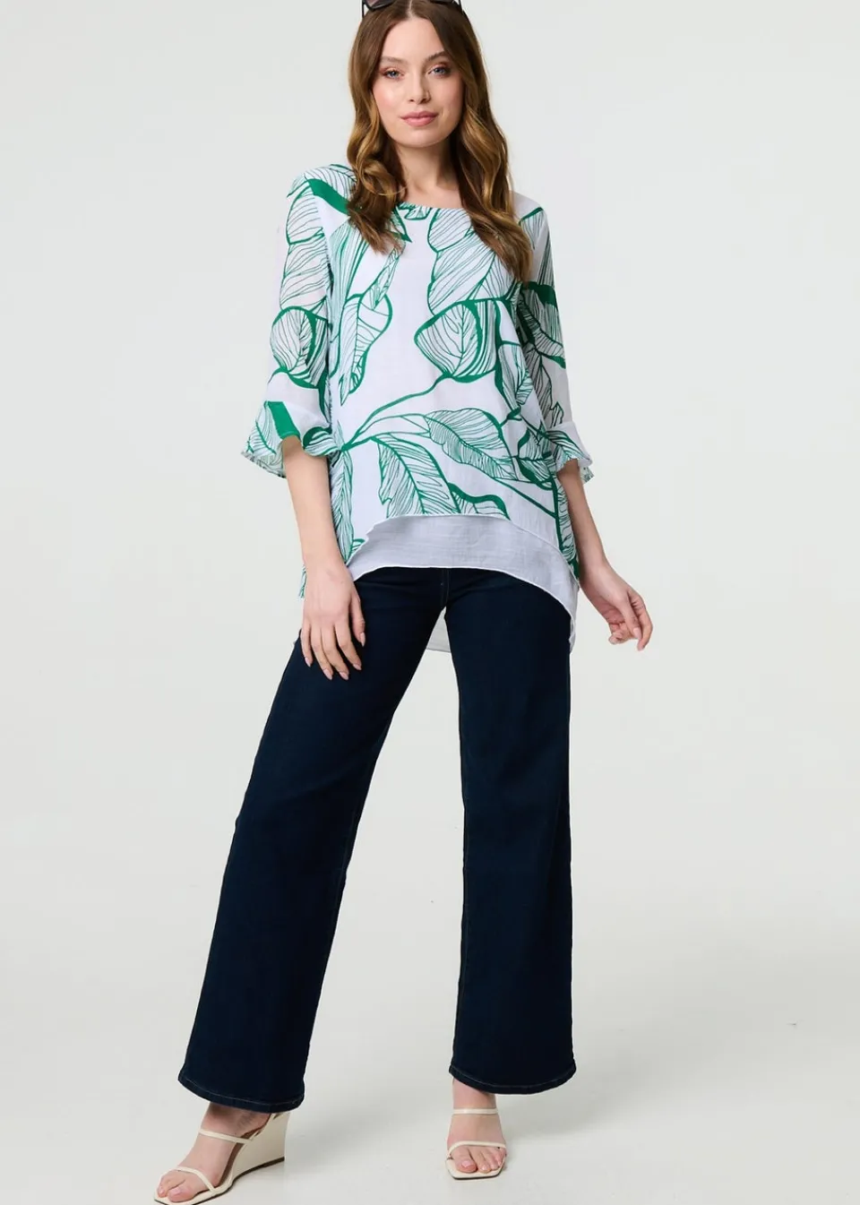 Tops>Izabel London Green Leaf Print 3/4 Sleeve Layered Tunic Top