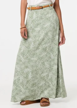 Skirts>Izabel London Green Leaf Print Belt Detail Maxi Skirt