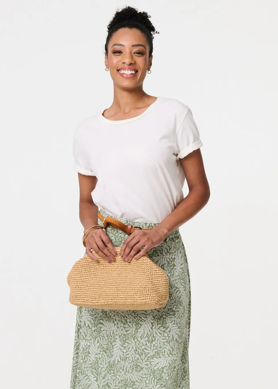 Skirts>Izabel London Green Leaf Print Belt Detail Maxi Skirt