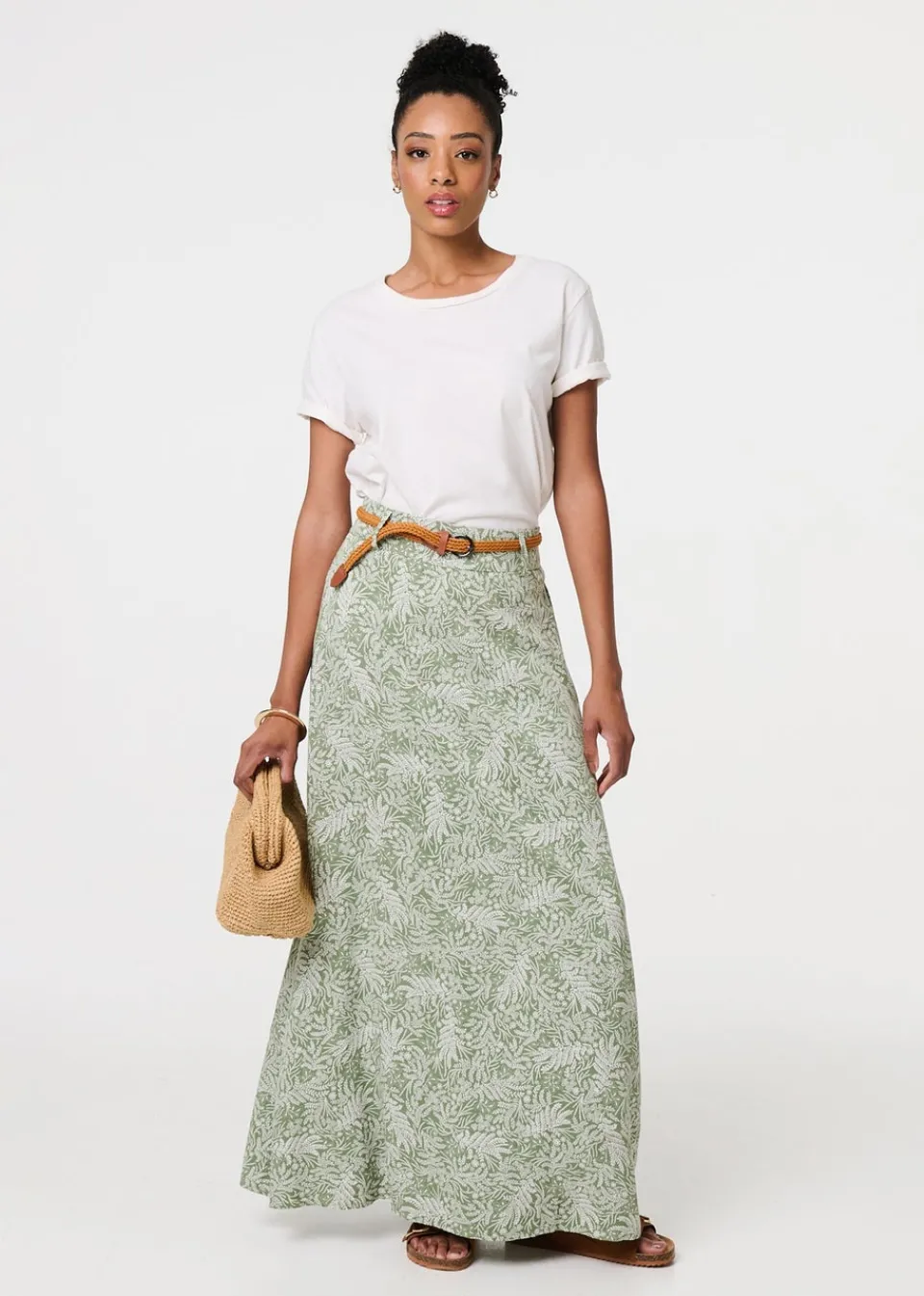 Skirts>Izabel London Green Leaf Print Belt Detail Maxi Skirt