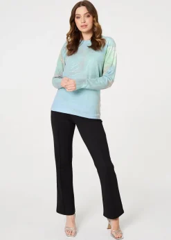 Tops>Izabel London Green Marble Print Metallic Relaxed Jumper