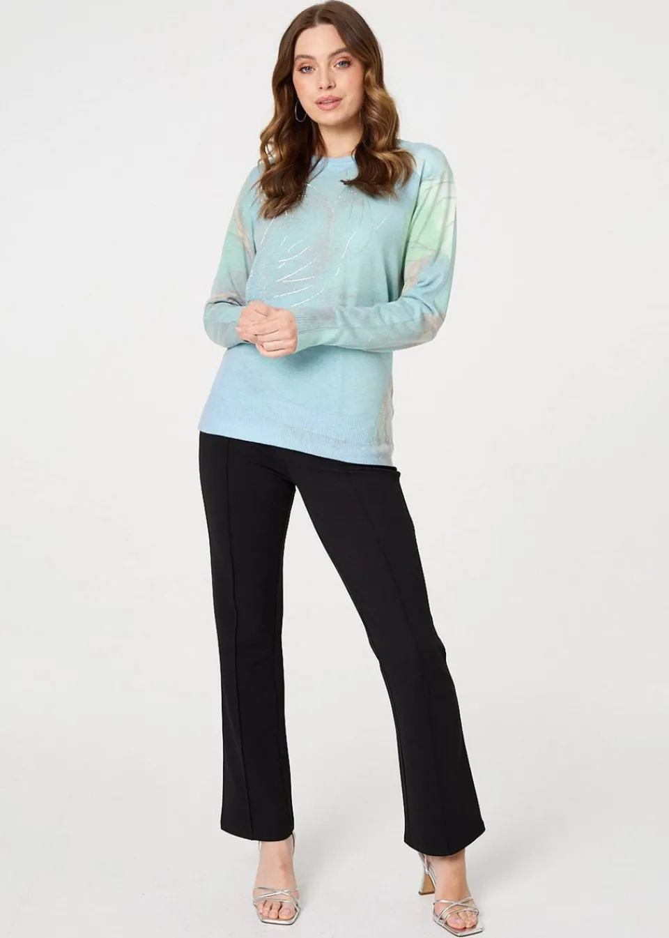 Tops>Izabel London Green Marble Print Metallic Relaxed Jumper