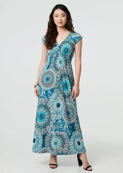 Dresses>Izabel London Green Mosaic Print Cap Sleeve Empire Maxi Dress